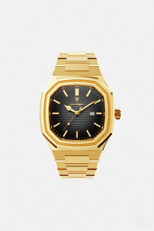 Meridian Rose 41mm men's watch, onyx black, gold-tone case, leather strap
