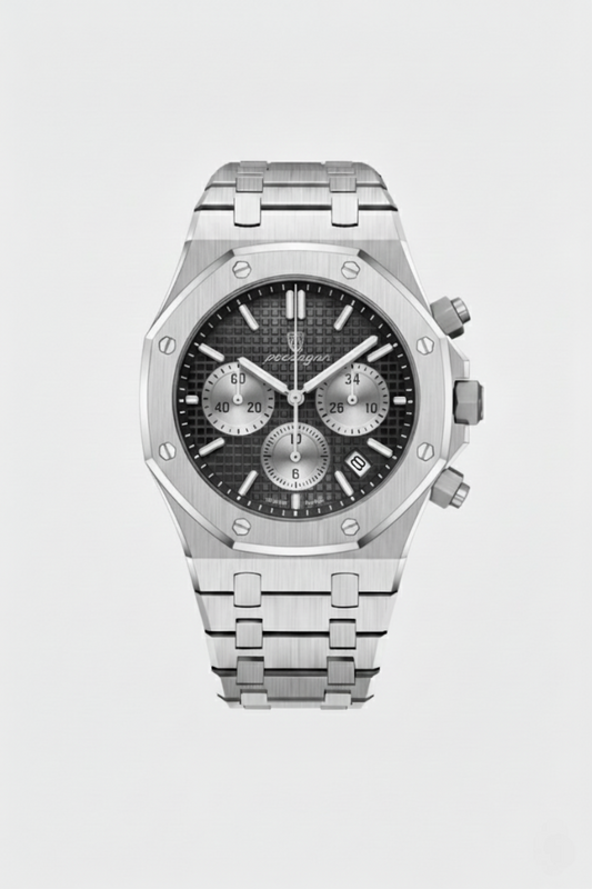 Windermere 42mm men's watch, onyx silver, steel case, chronograph-style dial