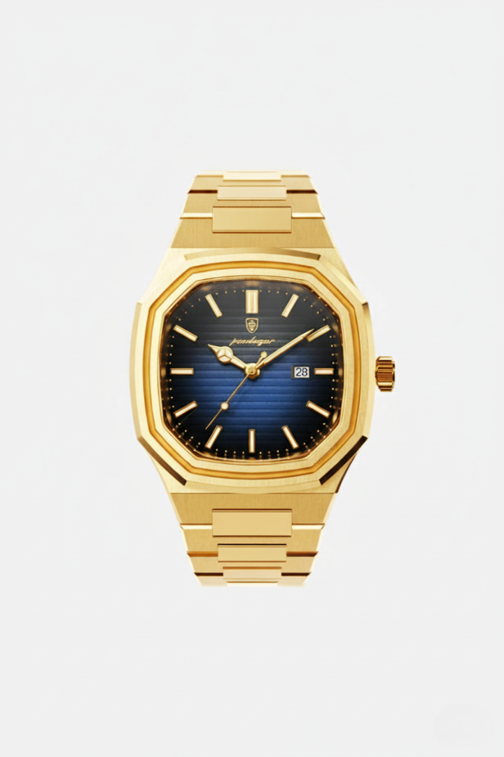Meridian Rose 41mm men's watch, sapphire blue, gold-tone case, leather strap