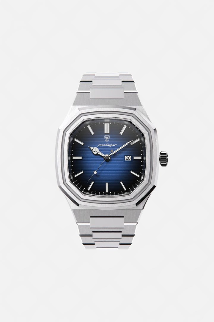 Meridian 41mm men's watch, sapphire blue, octagonal steel case, steel bracelet