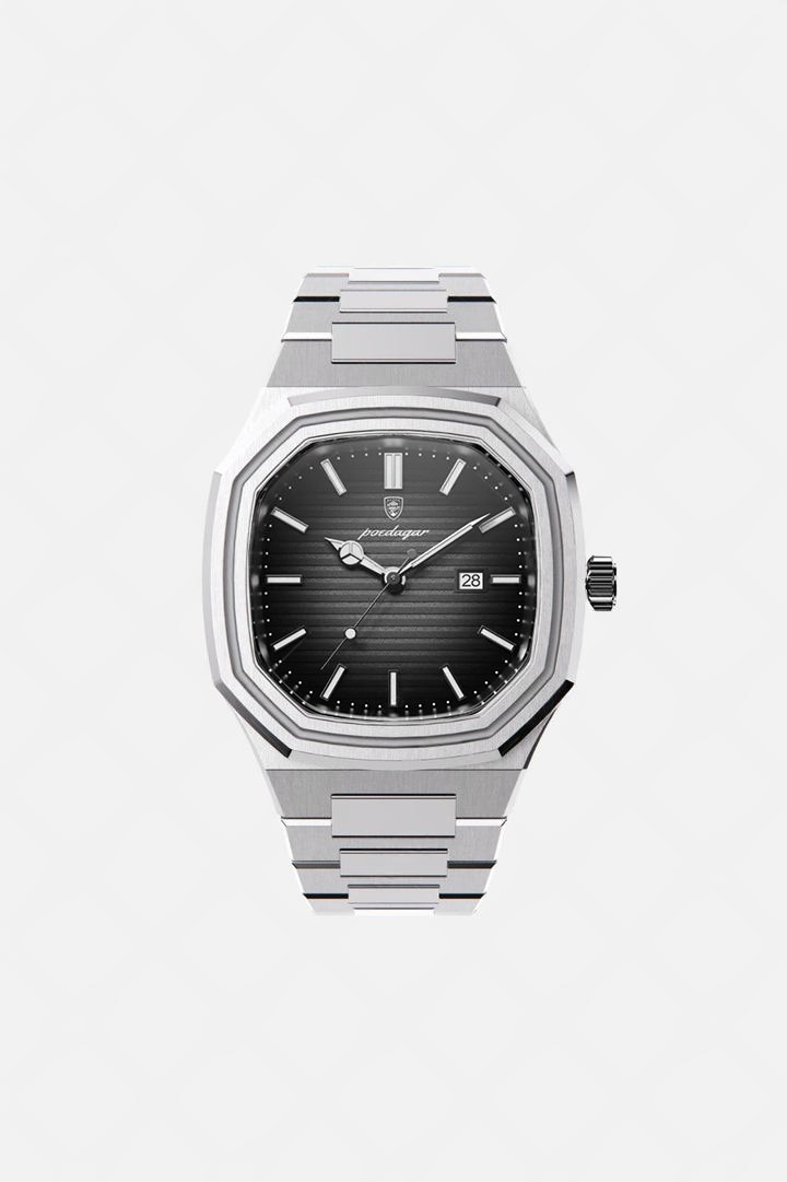 Meridian 41mm men's watch, onyx black, octagonal steel case, steel bracelet