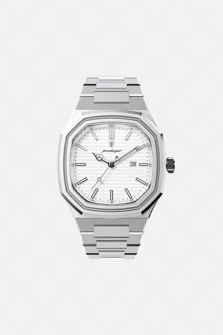 Meridian 41mm men's watch, polar white, octagonal steel case, steel bracelet