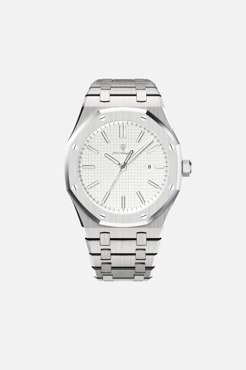 Ashford 41mm men's watch, polar white, steel case with bezel screws, steel bracelet